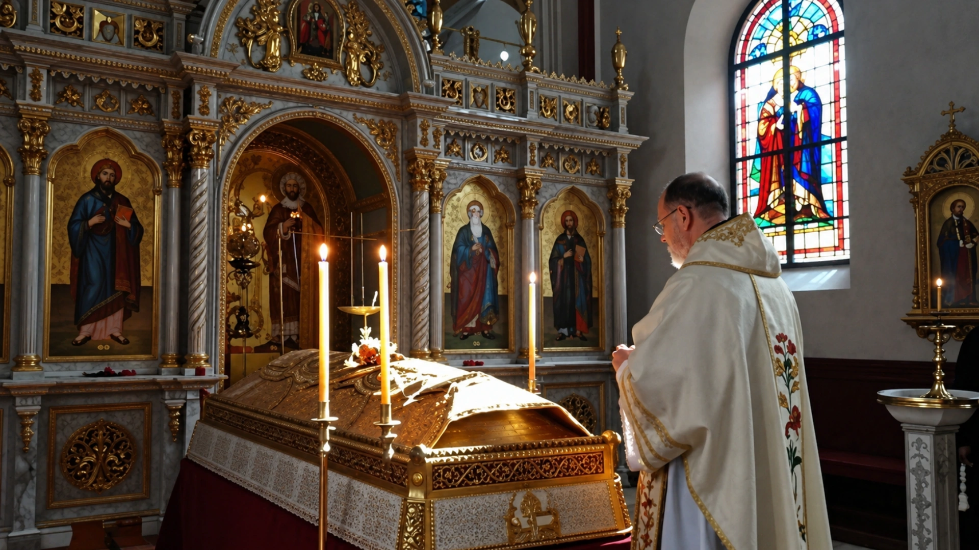 Interior biserică ortodoxă cu preot și lumânări aprinse
