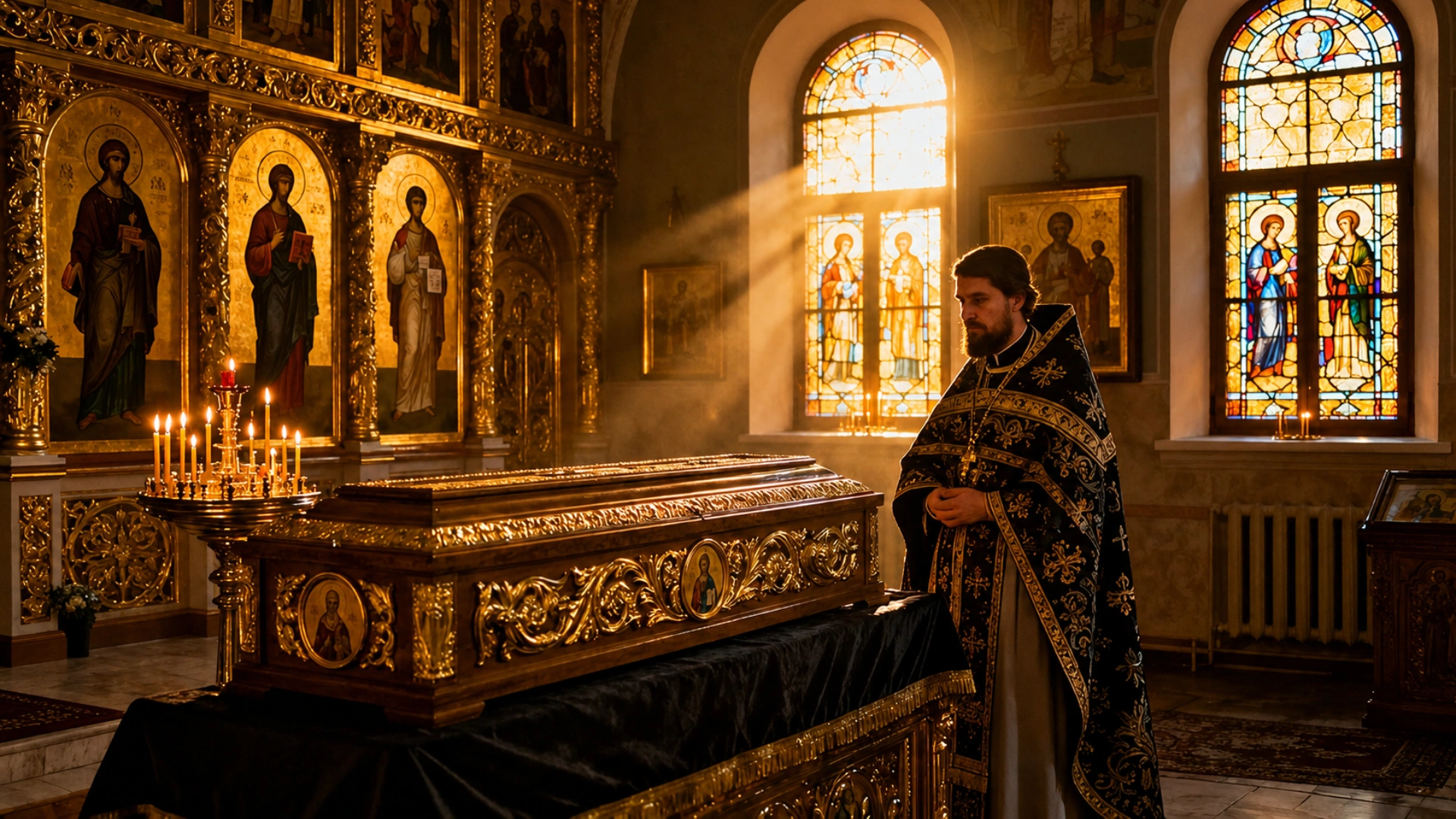 Preot în biserică ortodoxă, langa sicriu, cu lumânări și icoane